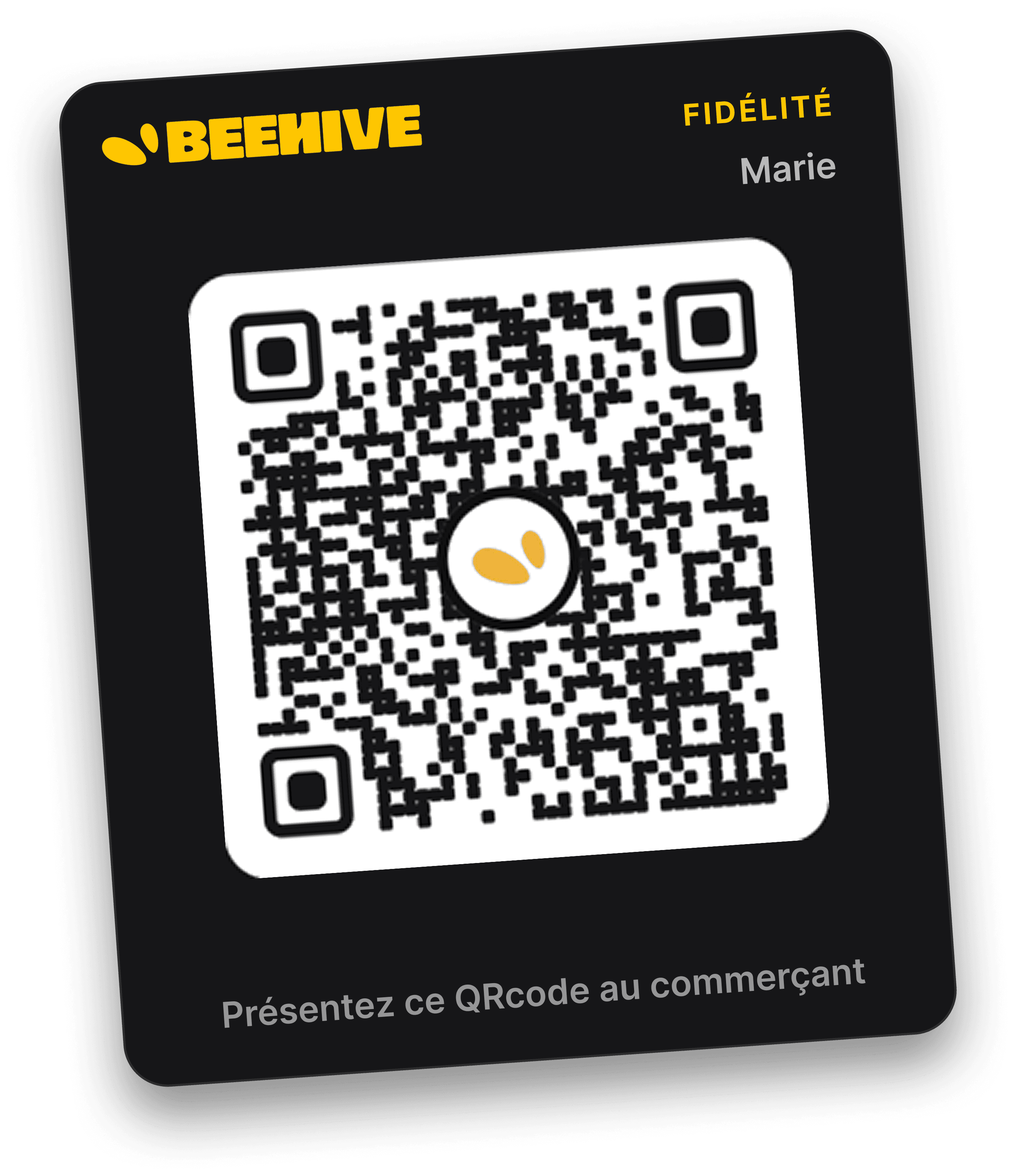 Carte de fidélité BeeHive avec son QR code et le suivi d’un programme commerçant.