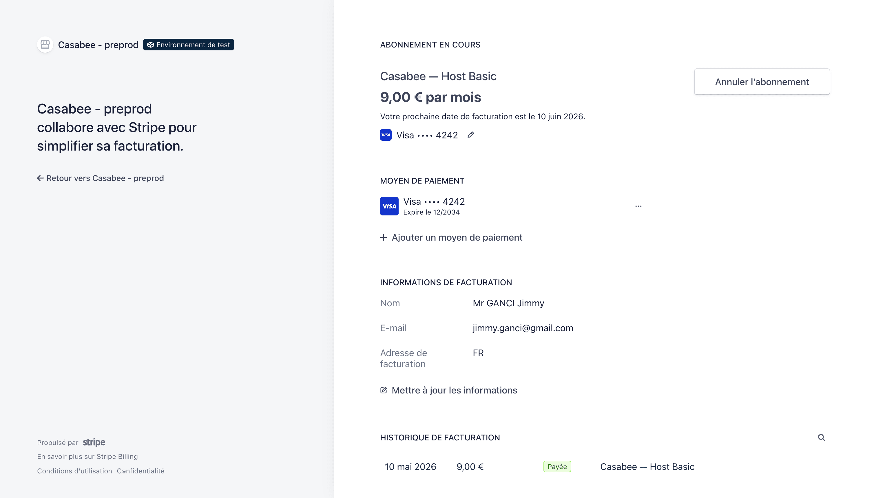 Historique des paiements sur le portail Stripe Billing