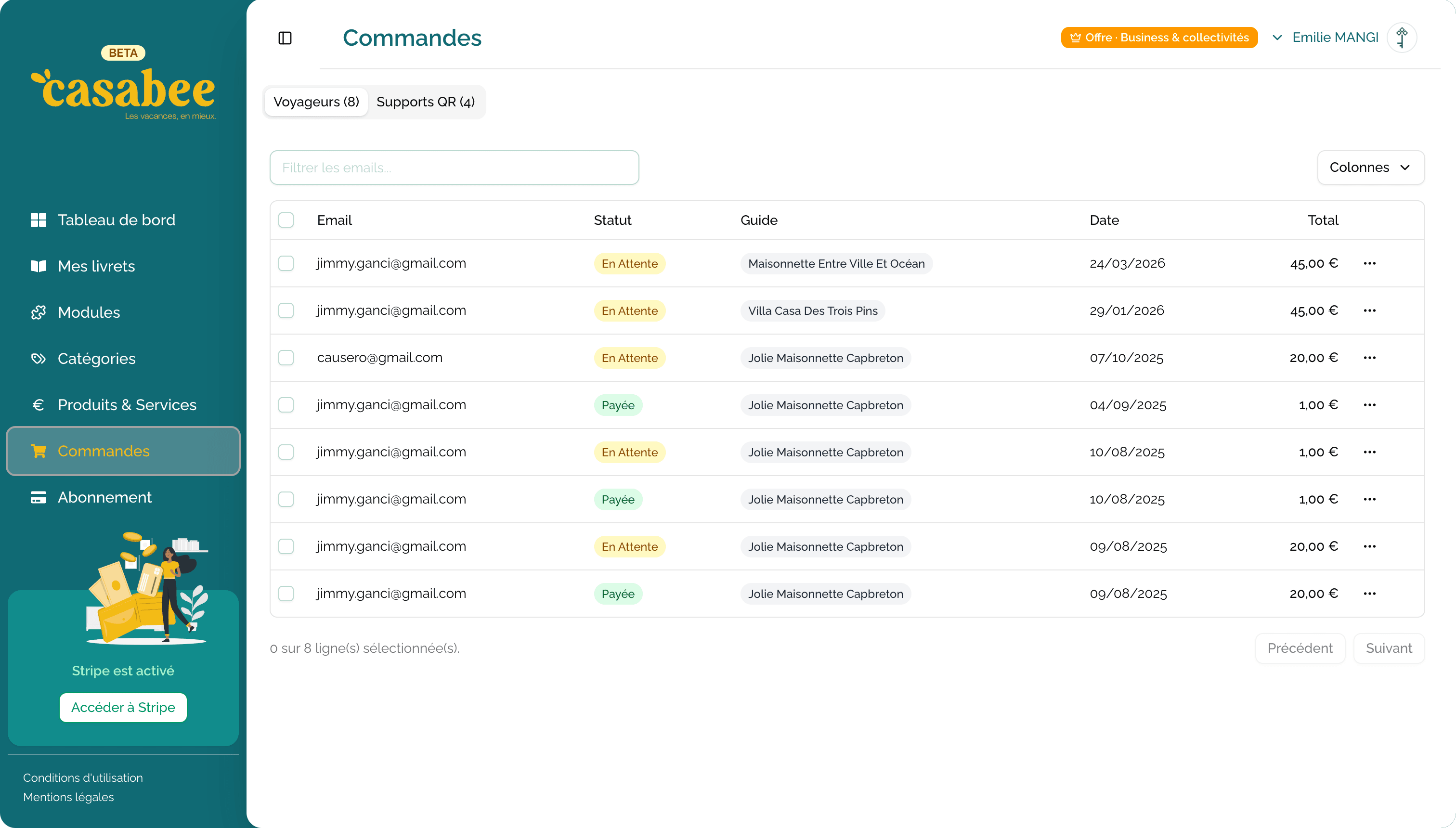 Vue globale des commandes avec filtre par statut