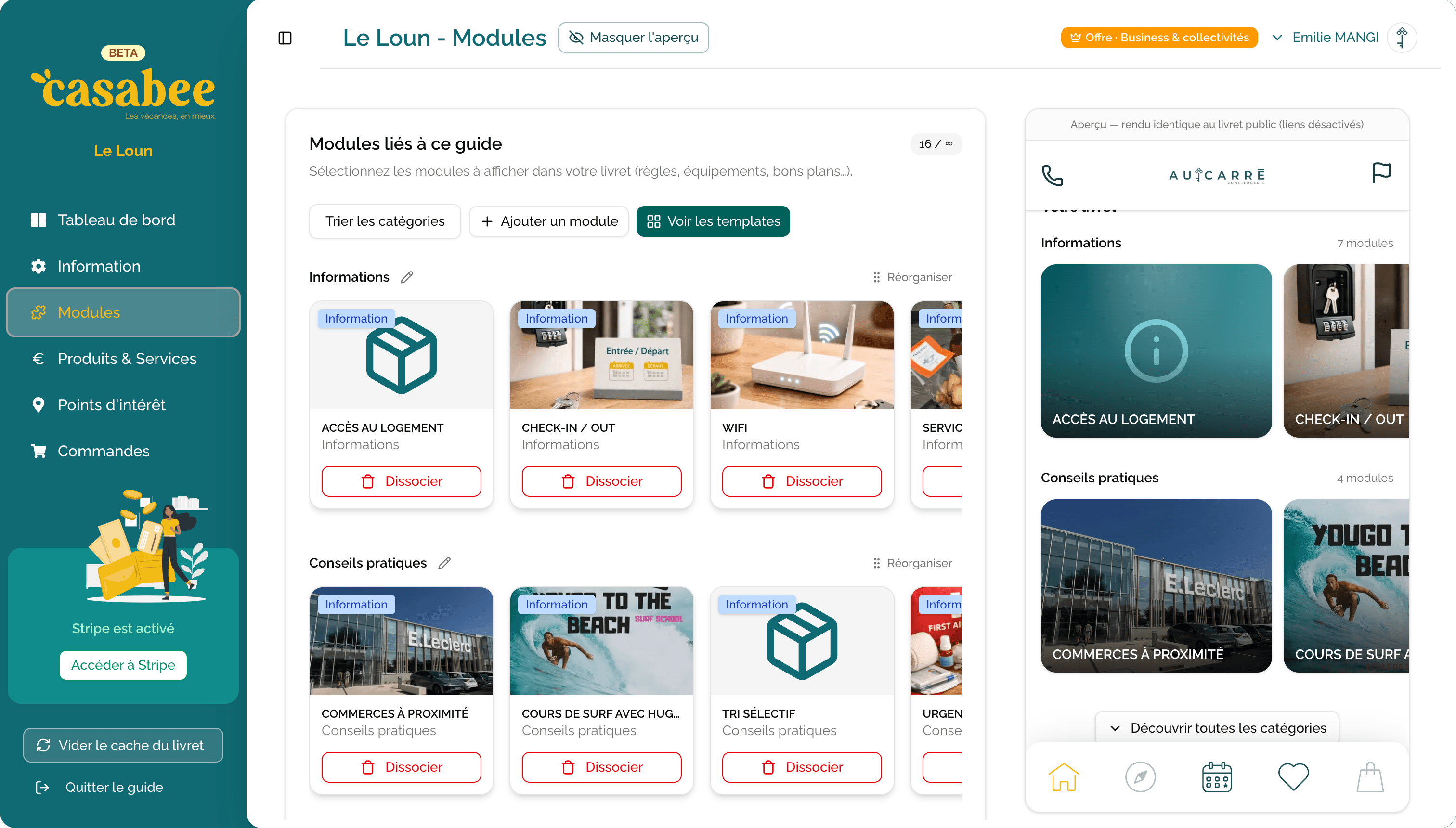 Onglet Modules d'un livret avec liste de modules ajoutés