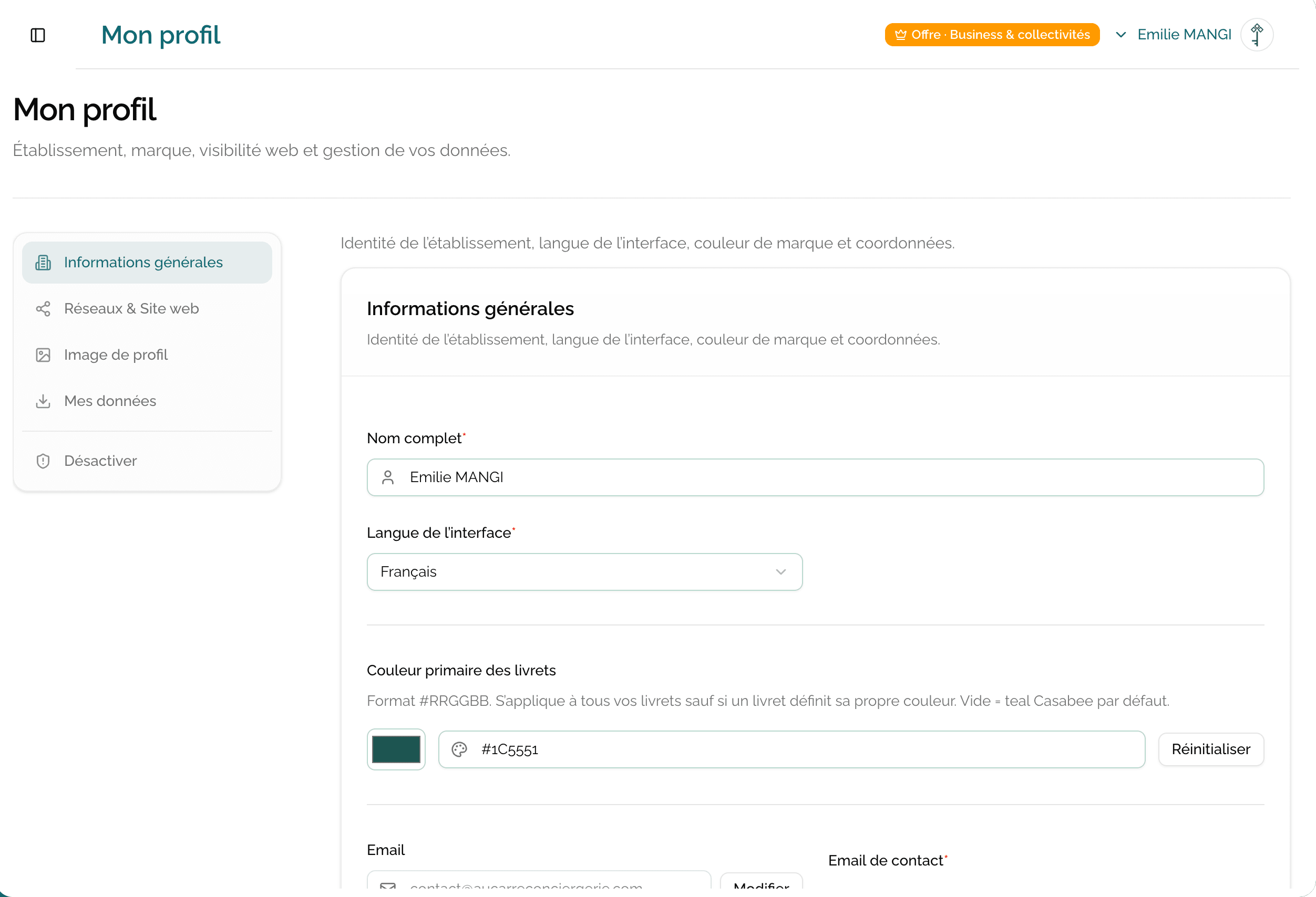 Page paramètres avec ses différentes sections