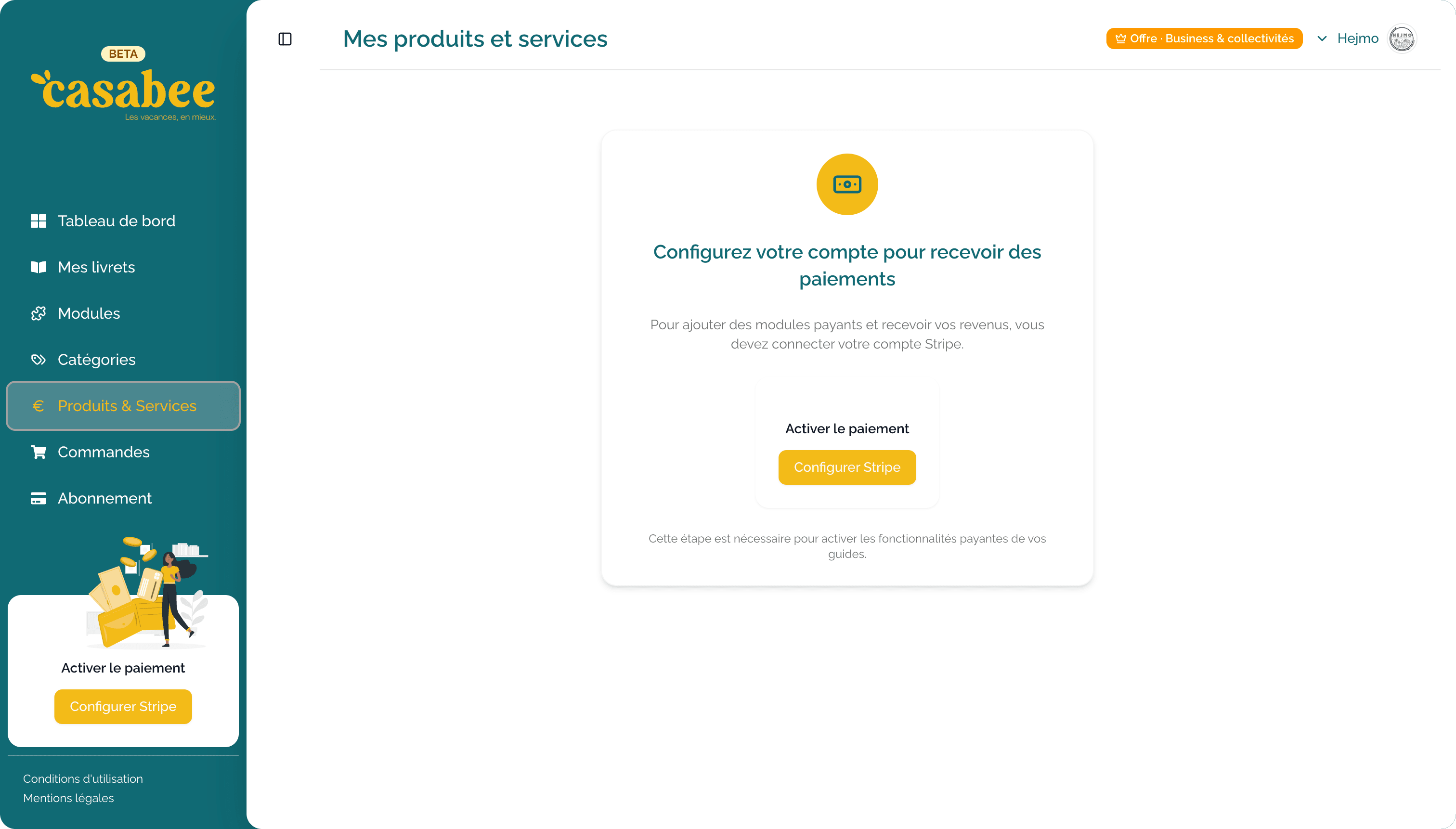 Écran Connecter Stripe sur la page produits