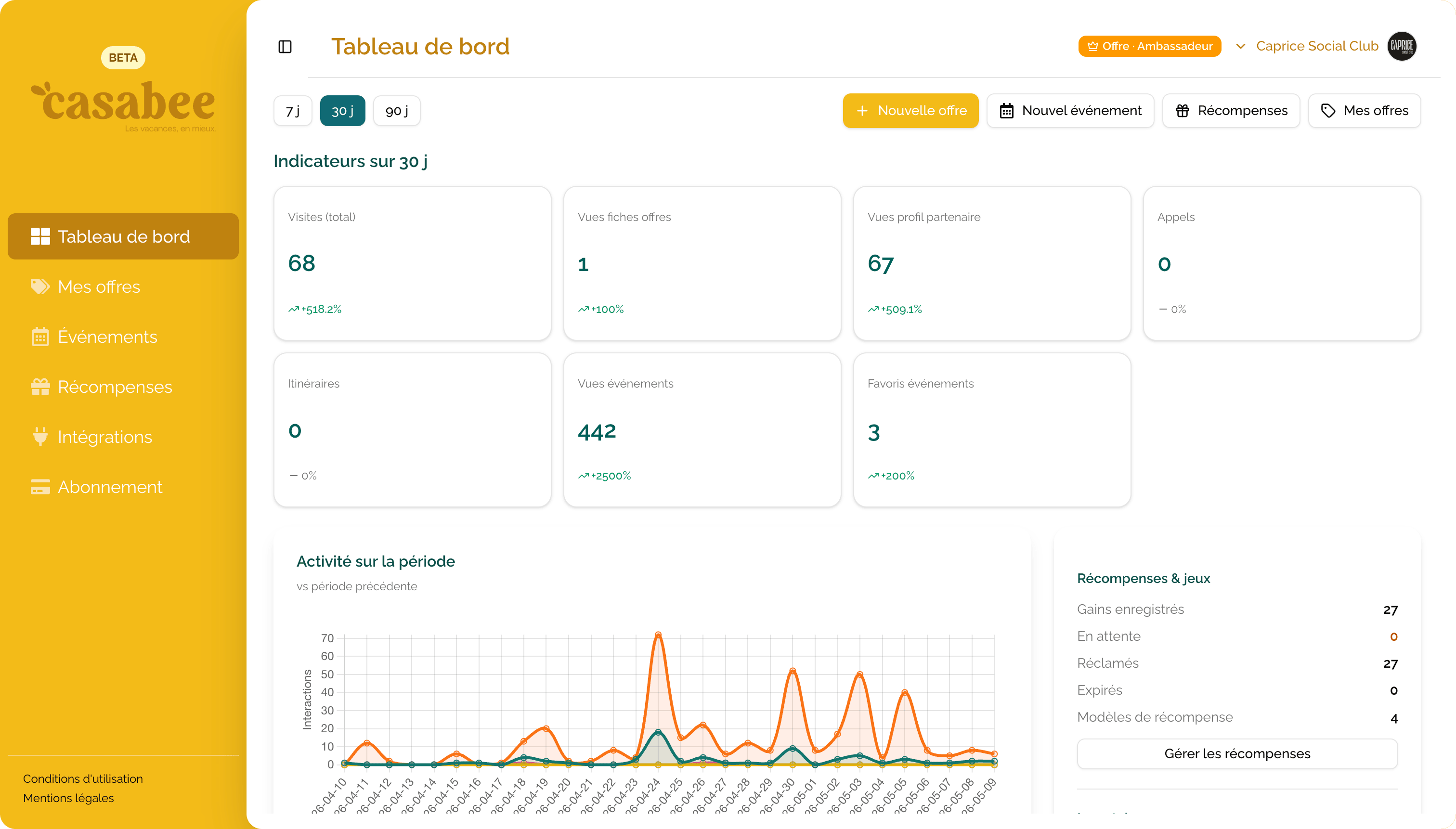 Vue d'ensemble du dashboard pro avec widgets KPI et graphiques