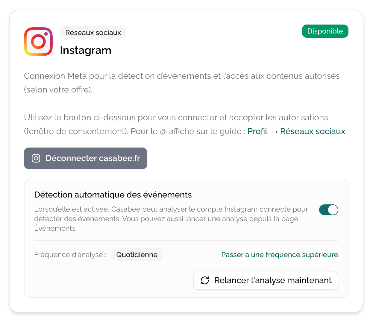 Carte Instagram avec toggle Détection automatique activé