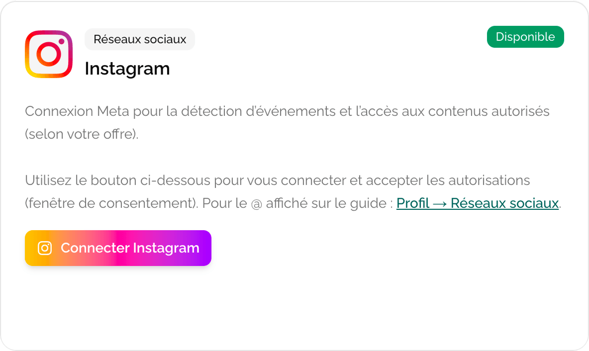 Carte Instagram sur la page intégrations avec statut Connecté