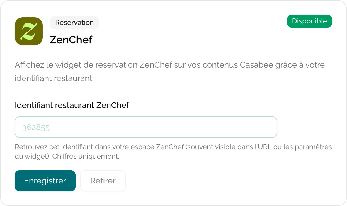 Carte ZenChef avec champ identifiant restaurant et bouton Sauvegarder