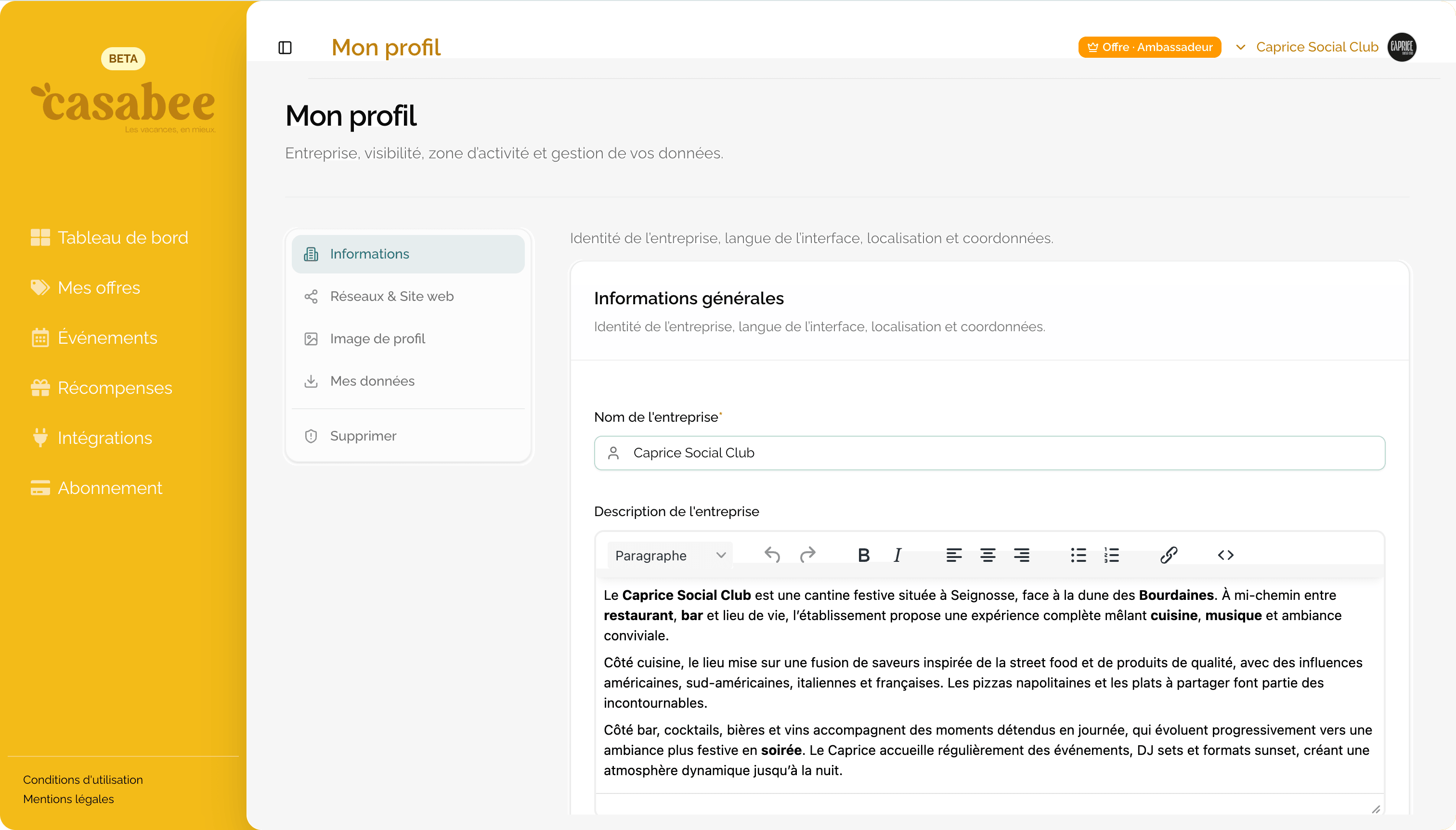 Onglet Infos générales du profil pro avec les champs principaux
