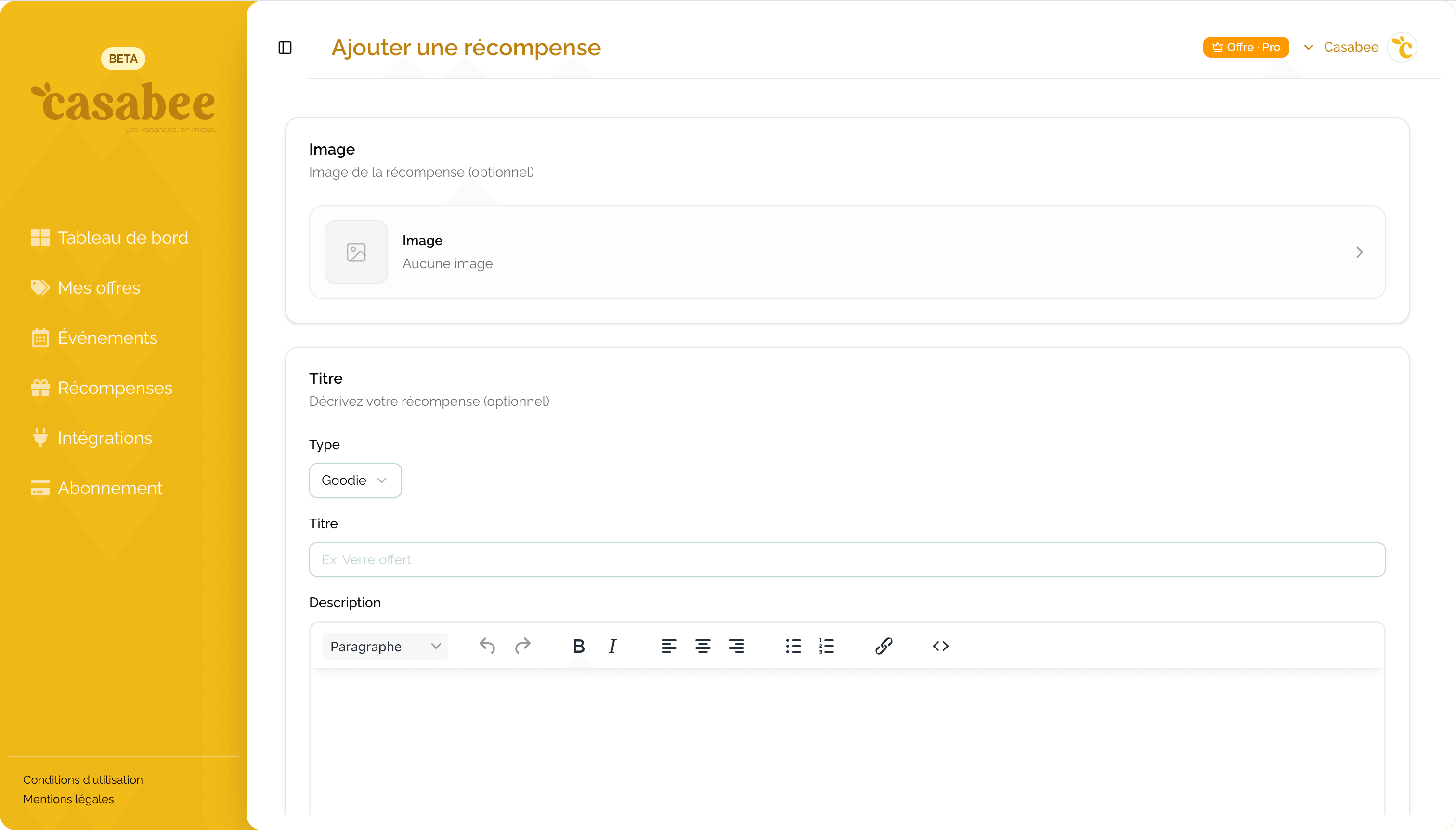 Formulaire de création d'une récompense avec les champs principaux