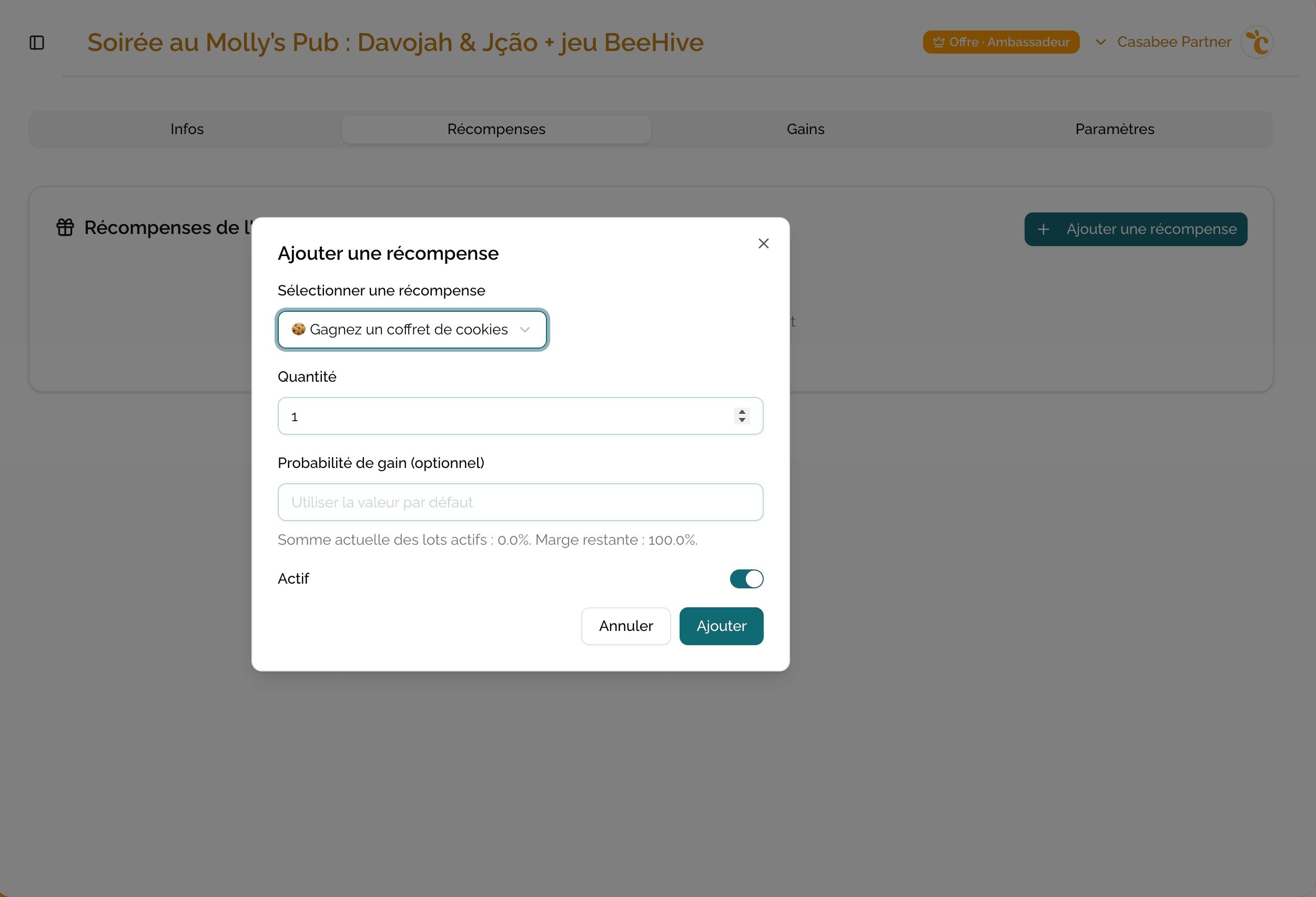 Modal d'ajout d'une récompense avec sélection, quantité, probabilité de gain et switch Actif