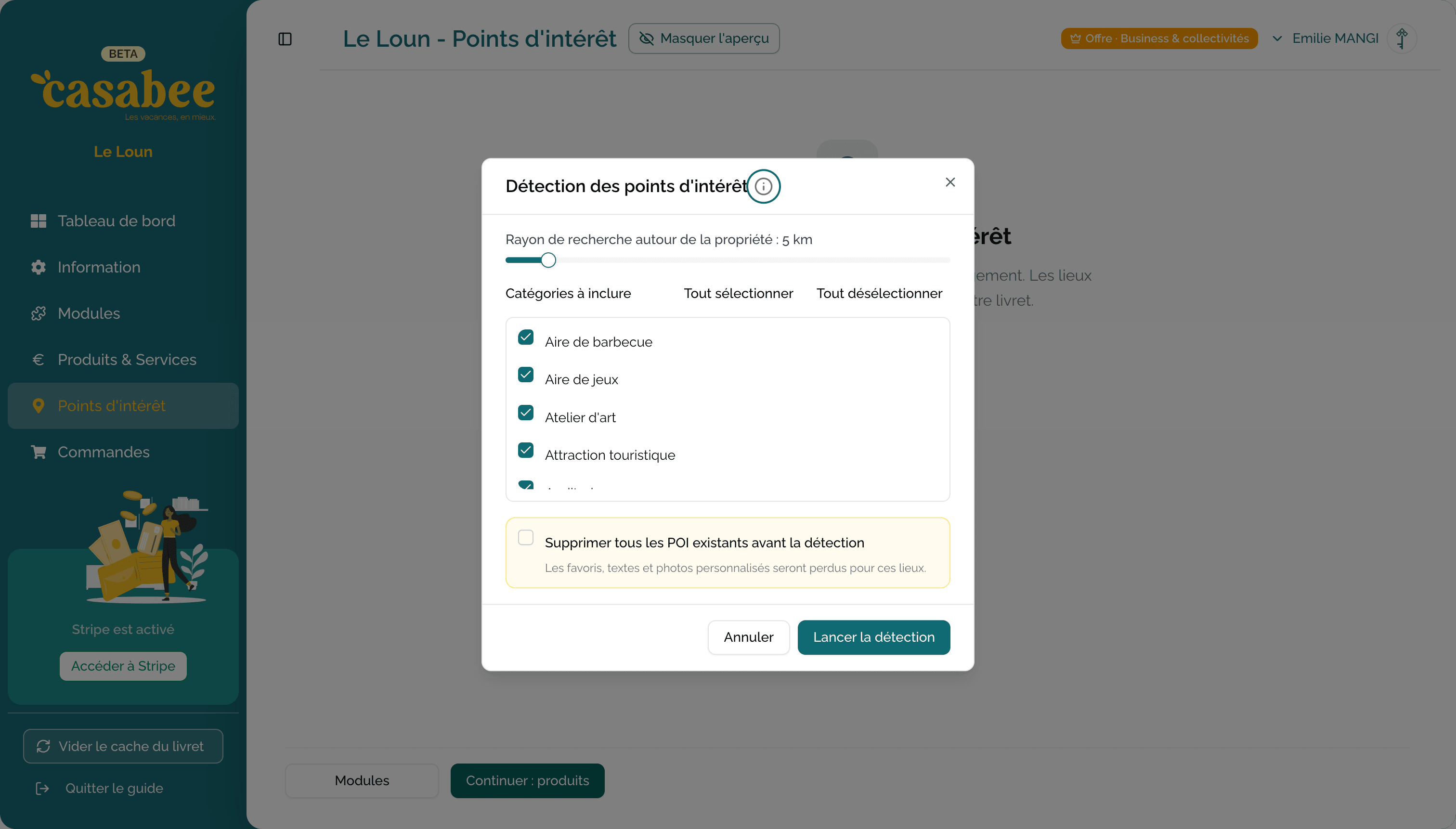 Configuration de la détection des POI : rayon et catégories
