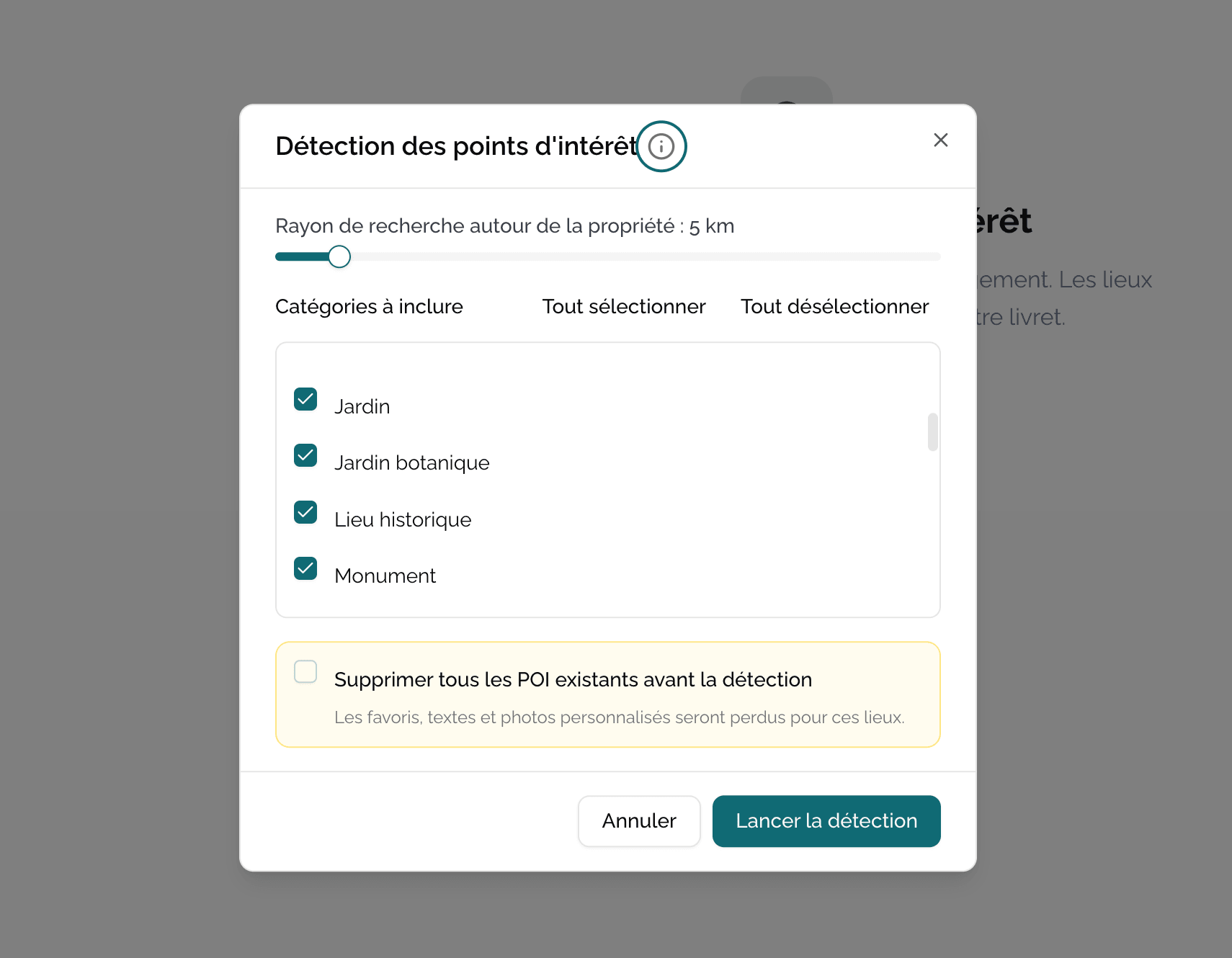 Modale de configuration de la détection auto avec rayon et catégories