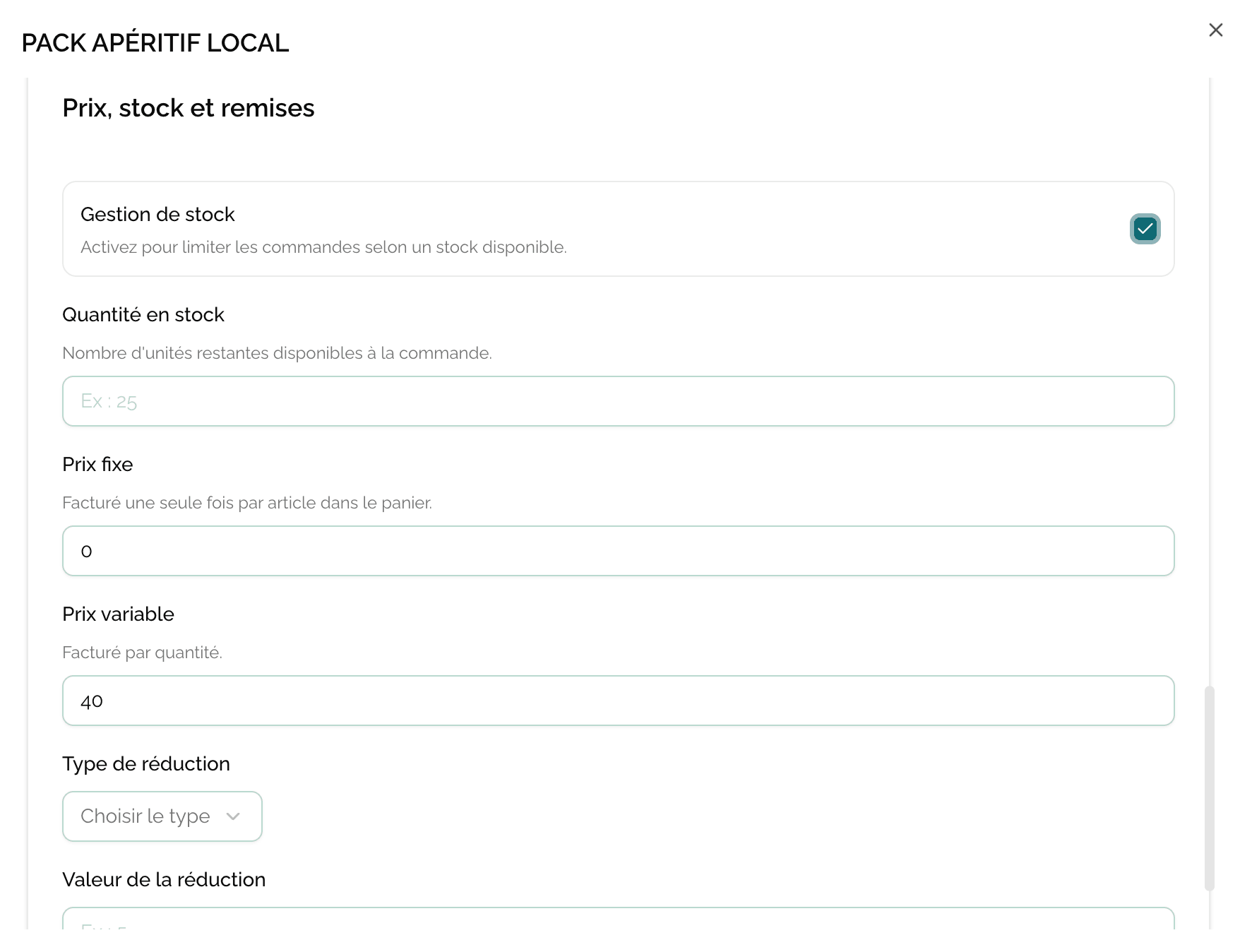 Toggle Gestion du stock sur la fiche produit