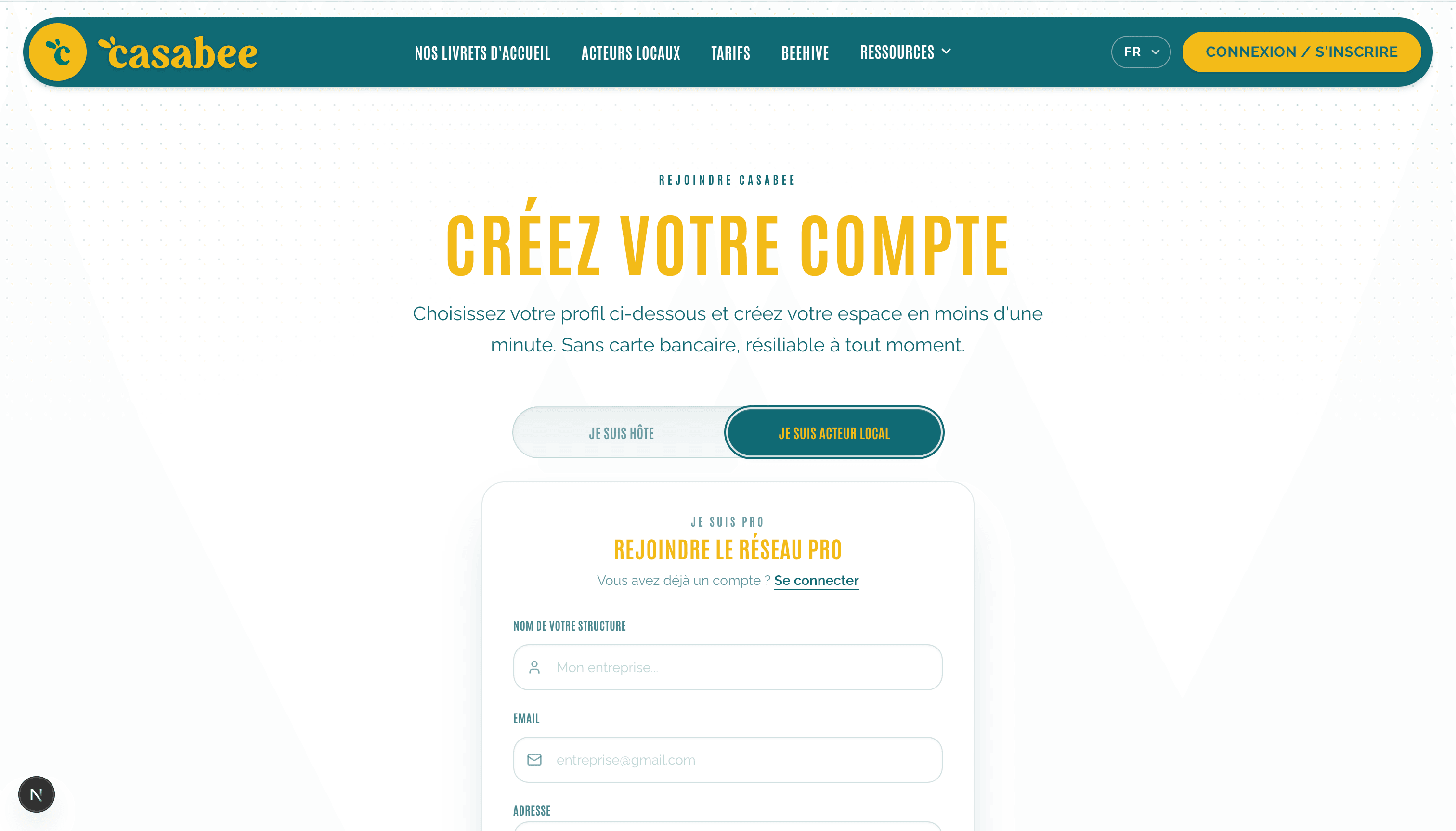 Page d'inscription Casabee avec l'option Pro sélectionnée