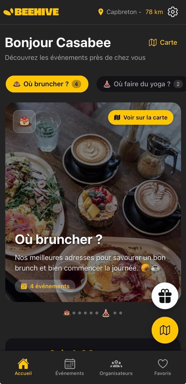 Accueil de l'app BeeHive avec l'icône cadeau en bas à droite