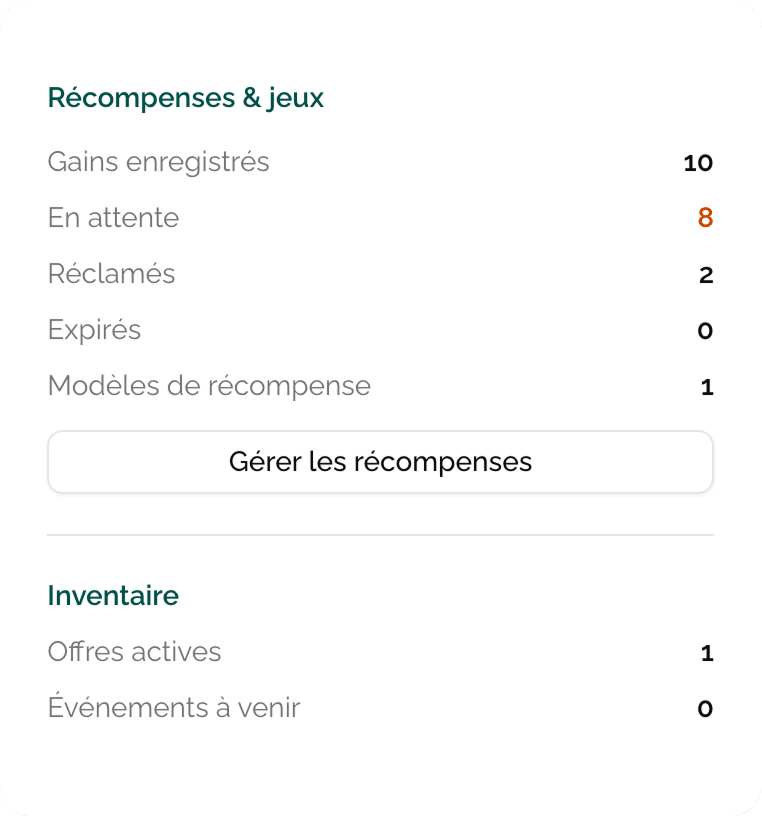 Widget Récompenses & jeux du dashboard pro avec gains enregistrés, en attente, réclamés et expirés